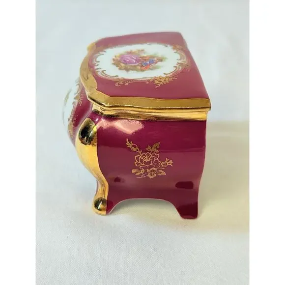 Vtg Porcelain SA Limoges Courting Couple Burgundy &Gold Trinket Box